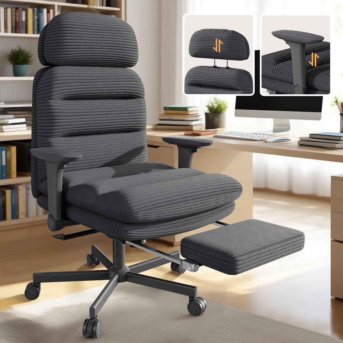 Solfway Criss Cross Chair with Wheels & Flip-up Arms, Executive Office Chair with Foot Rest, Swivel Cross Legged Office Chair, White Corduroy Fabric Comfy Computer Desk Chair, Vanity Chair for Home