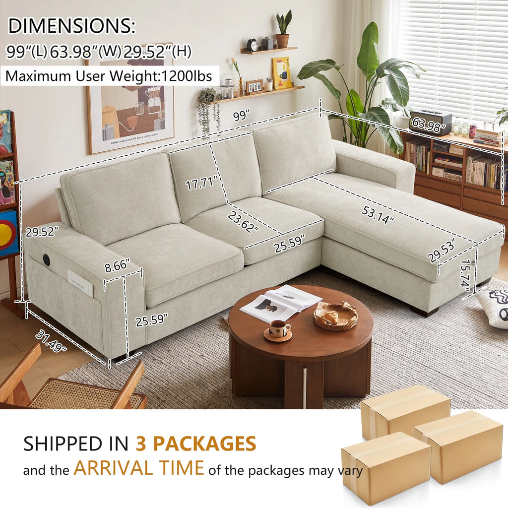 ASHOMELI 99'' Convertible Sectional Sofa,L Shaped Couch,Multi-Functional Reversible Sofa with USB and Type-C Charging Ports, Storage Space, Breathable Fabric
