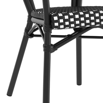 Merrick Lane Stacking Thonet French Bistro Style Chair with Arms, Black & White PE Rattan Seat, and Bamboo Finished Metal Frame for Indoor/Outdoor Use