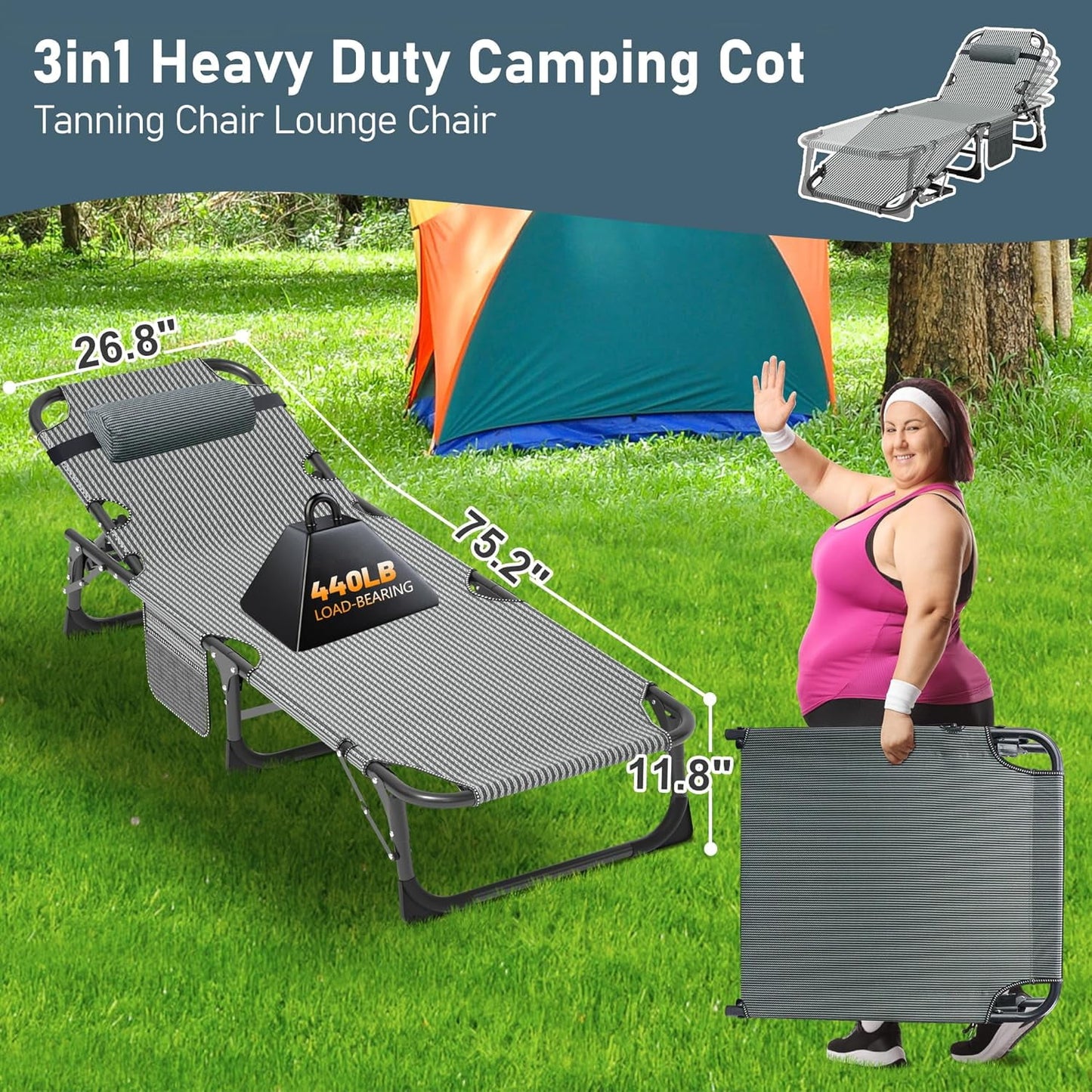 Slsy Folding Lounge Chair, 5-Position Adjustable Outdoor Reclining Chair, Folding Sleeping Bed Cot, Folding Chaise Lounge Chair for Pool Beach Patio Sunbathing