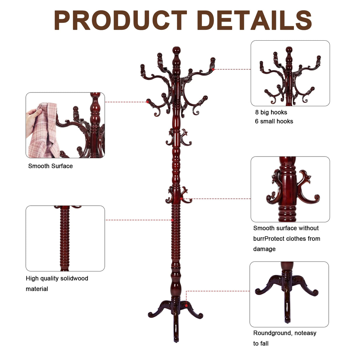 Coat Rack Freestanding, Hall Tree with 11 Hooks, Heavy Duty Wooden Coat Tree Stand, Adjustable Height, Sturdy Base for Bedroom Hallway Office - Load 270lbs