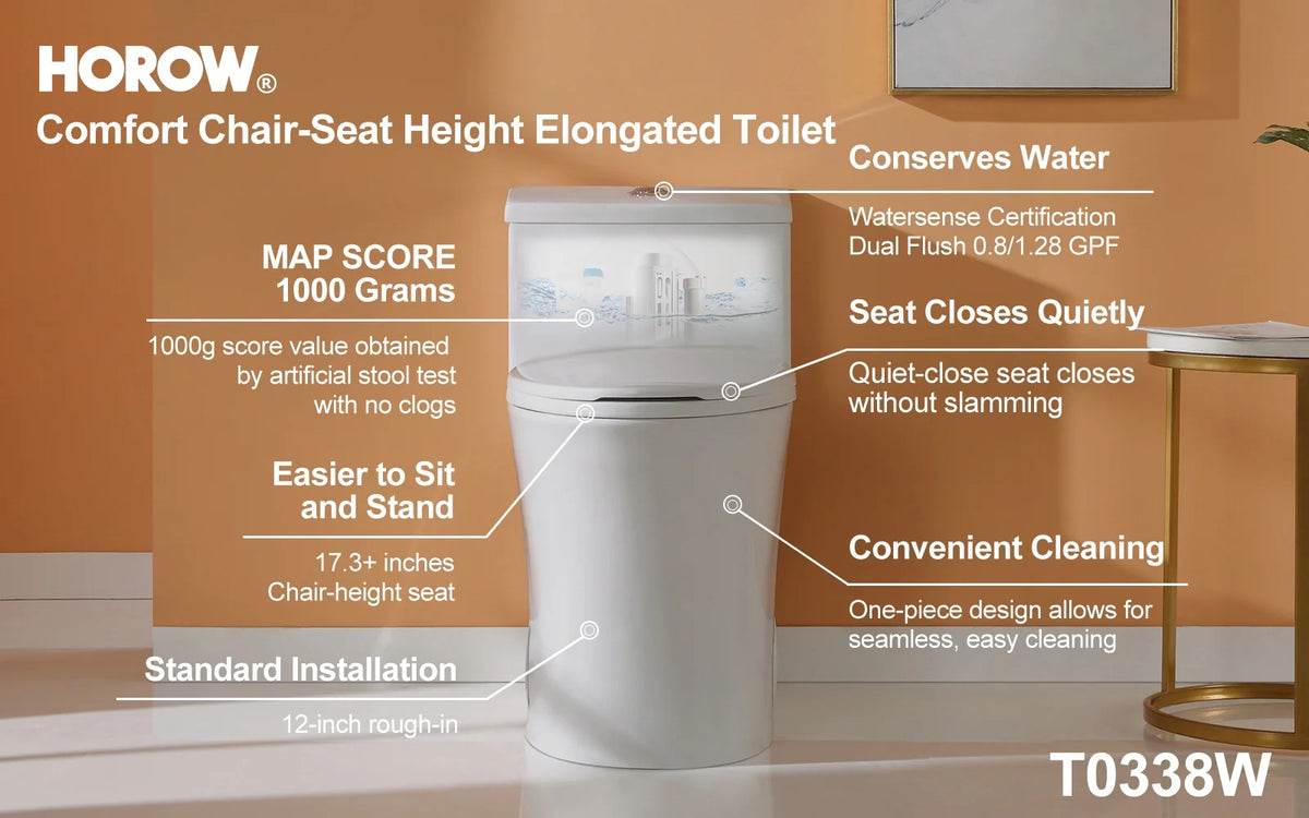 HOROW Compact One Piece Toilet with Comfort Seat ADA Height 17.3" Elongated Dual Flush 0.8/1.28 GPF