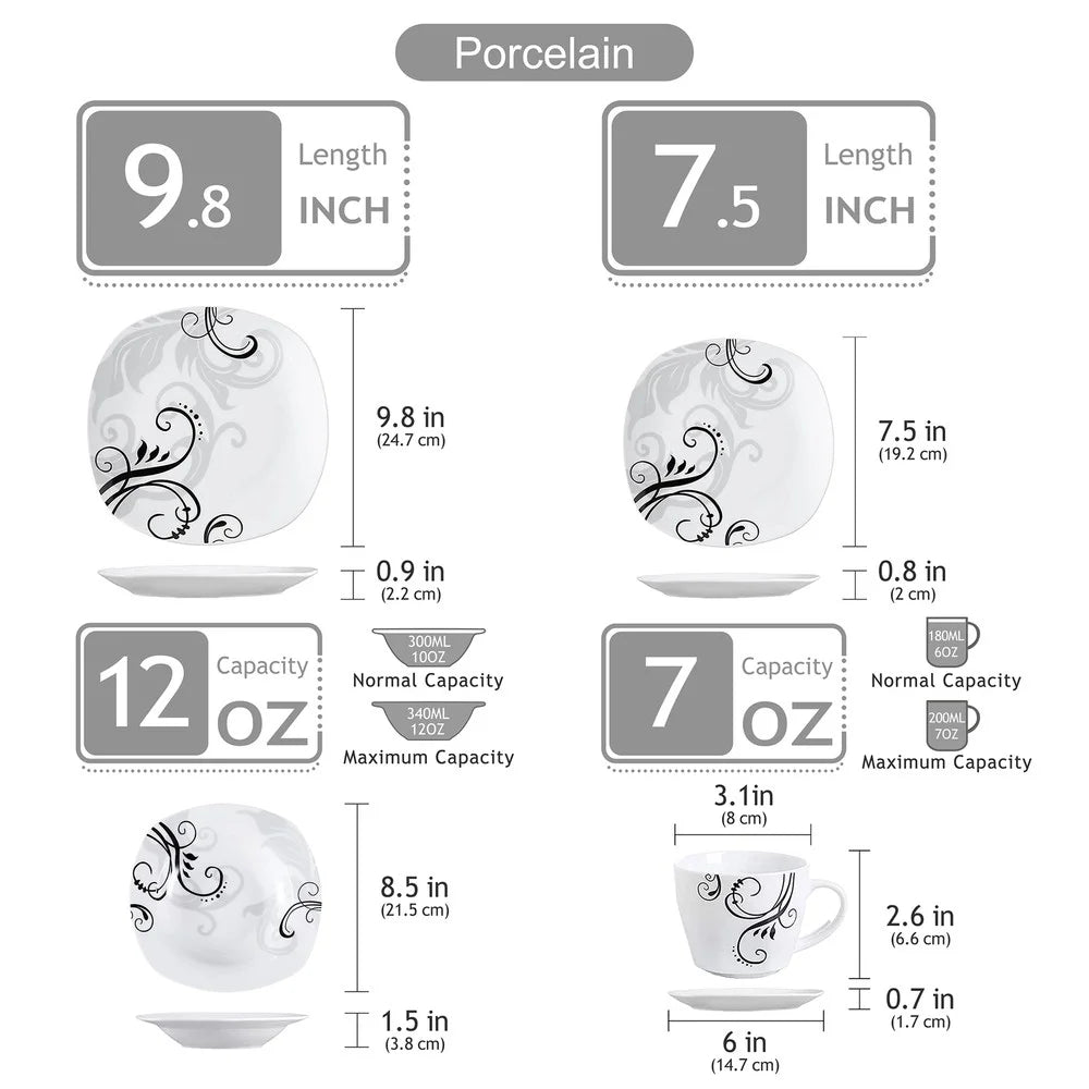 VEWEET ZOEY 24Pc Dinnerware Set Porcelain Tableware Plate Bowl Set Service for 6