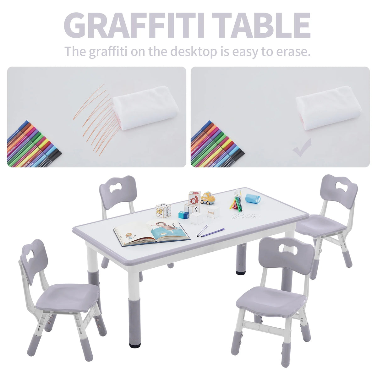Toddler Table and Chairs Set for 4, 47.2''L x 23.6''W Kids Study Table and Chair Set, Height-Adjustable, Graffiti Desktop, Children Activity Table for Daycare, Classroom, Home