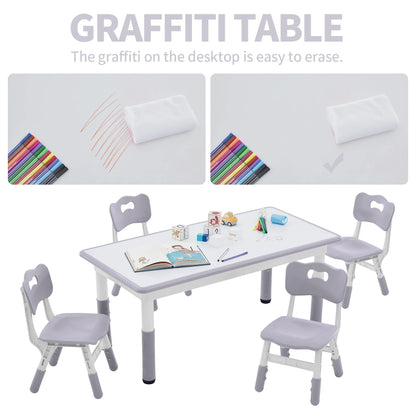Toddler Table and Chairs Set for 4, 47.2''L x 23.6''W Kids Study Table and Chair Set, Height-Adjustable, Graffiti Desktop, Children Activity Table for Daycare, Classroom, Home
