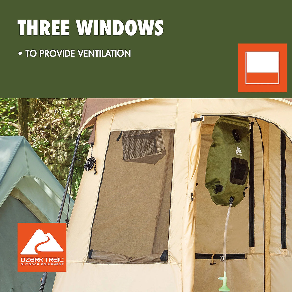 Ozark Trail 2-Room Shower & Utility Tent Combo Includes 5-Gallon Water Container, Easy Setup, Maximum Occupancy Is 2. Khaki Colour.