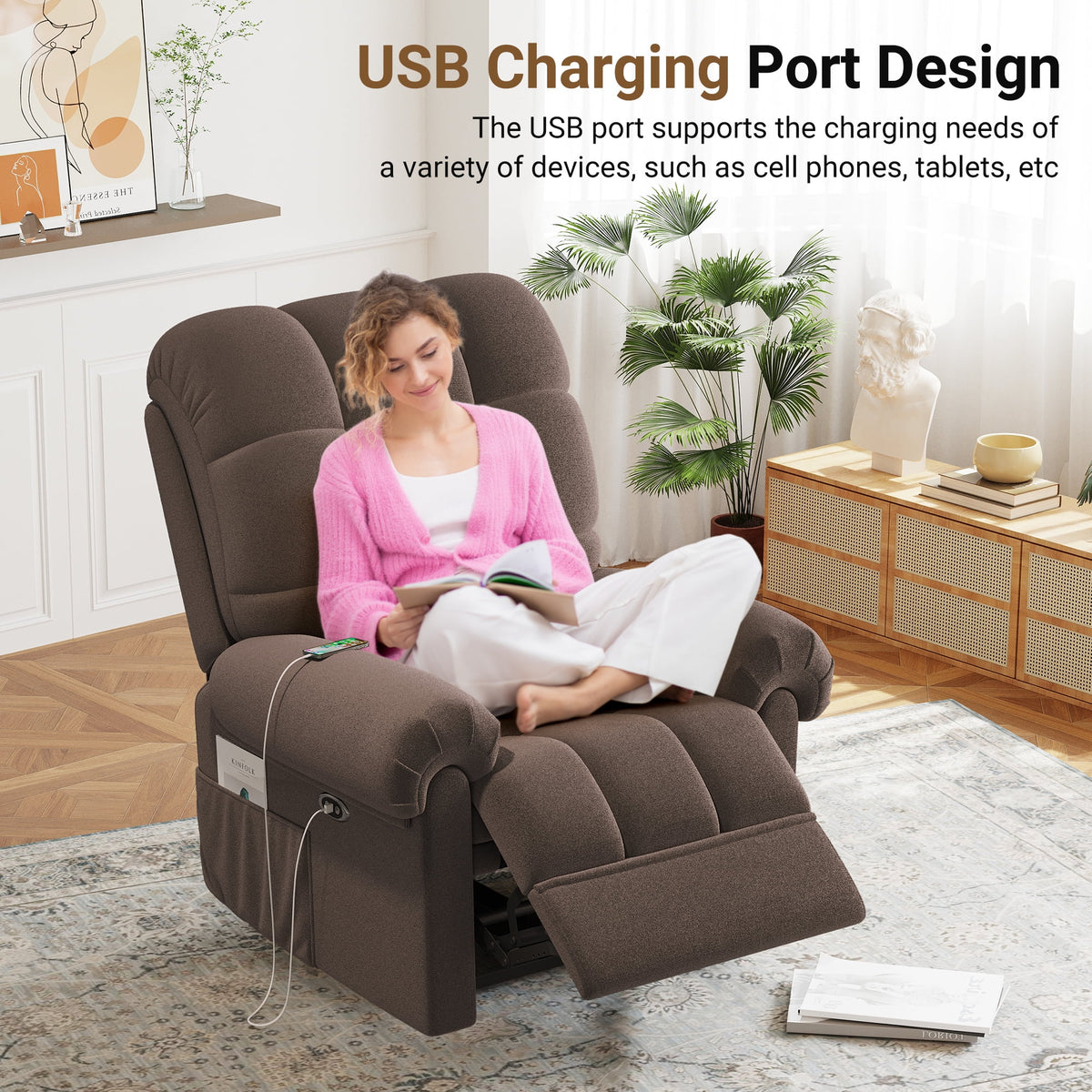 Power Recliner Chair,Electric Recline Sofa Chair for Adults with USB Port,Comfy Teddy Fleece Adjustable Cloud Sofa,Tool-Free Setup,Beige White