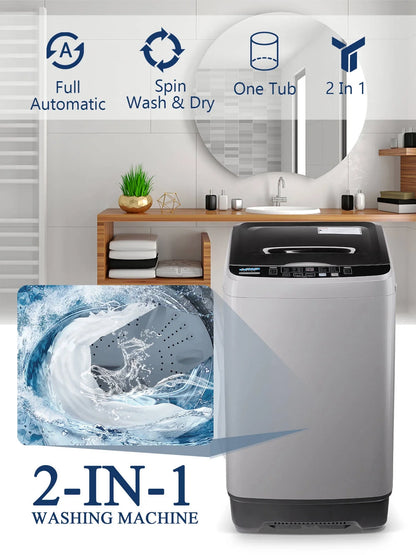 Krib B Full Automatic Washing Machine with Drain Pipe, 17.7 lbs Portable Washers with 10 Programs & 8 Water Levels, Suitable for Apartment, Dorm, Grey