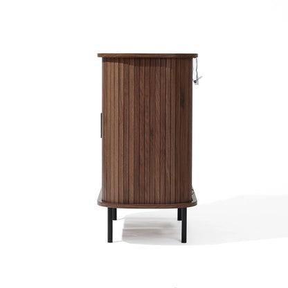 LuxenHome 35" Mid Century Modern Accent Cabinet, Small Buffet Cabinet with Sliding Door, Oak