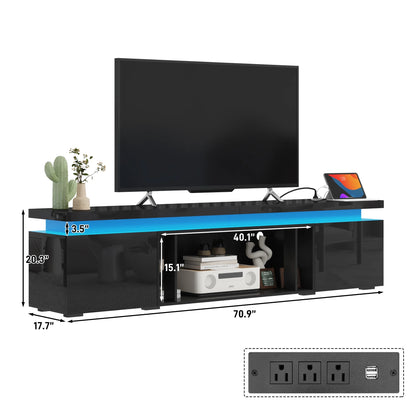 Blotout High Gloss LED TV Stand for up to 80" TVs /40" Electric Fireplace, 71" Large Entertainment Center Console Table with Power Charging Station