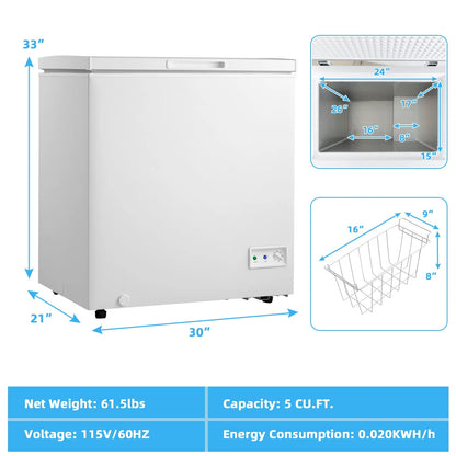 Giantex 5 Cu Ft Chest Freezer, Freestanding & Flip Top Chest Freezer w/ 7 Temperature Settings, Removable Sliding Basket Included, Compact Deep Chest Freezer