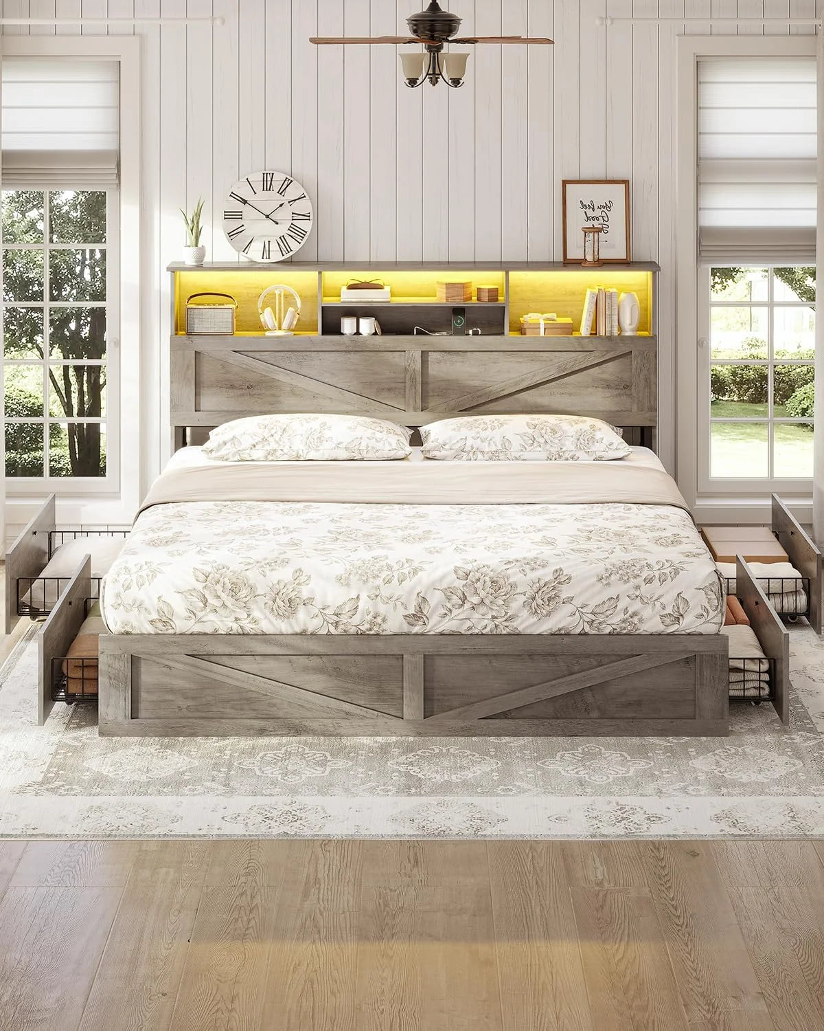 Twin Bed Frame with 4 Storage Drawers and Charging Station, Farmhouse Wooden Led Twin Bed with Storage Hidden Space Headboard and Metal Slats, Gray