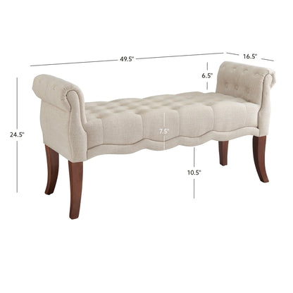 Linon Menlo Rolled Arm Button Tufted Bench, Dark Walnut Finish with Natural Fabric