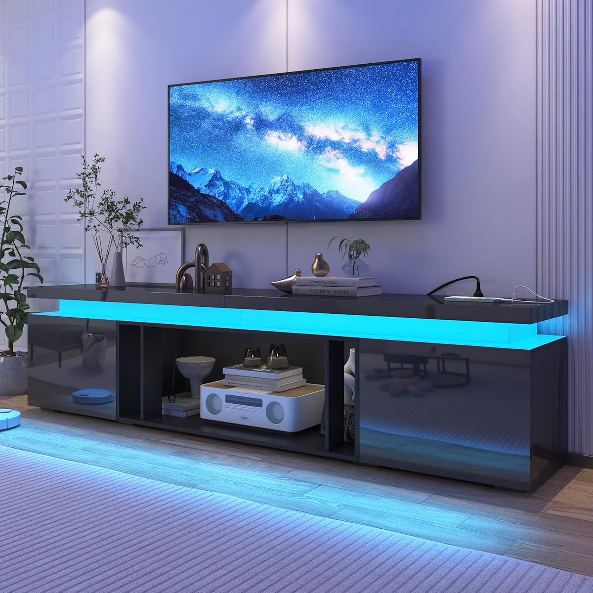 Blotout High Gloss LED TV Stand for up to 80" TVs /40" Electric Fireplace, 71" Large Entertainment Center Console Table with Power Charging Station