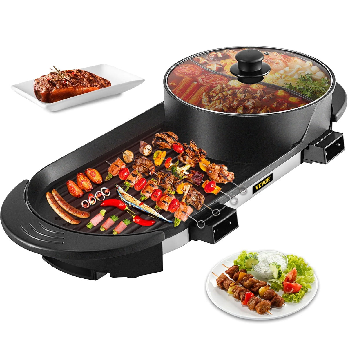 VEVOR 2 in 1 Electric Hot Pot and Grill, 2200W Separate Dual Temperature Control Electric Skillet, 5 Speed for Indoor Korean BBQ,Black
