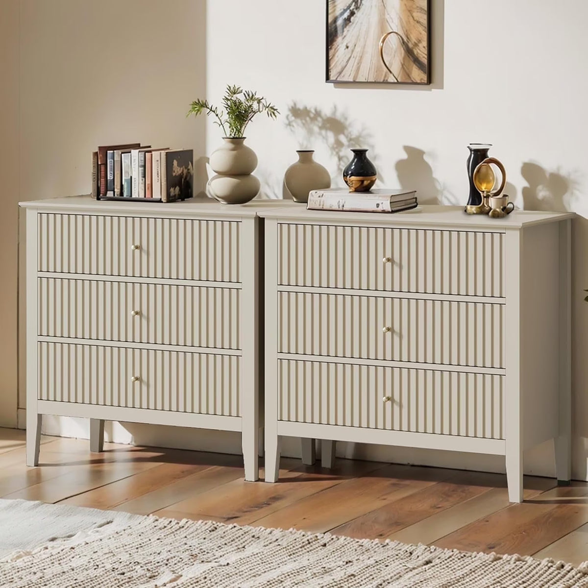 May Color Large White 3 Drawer Dresser Set of 2 with Fluted Panel, Modern Chest of Drawers with Silent Slide Drawers, Wood Accent Nightstand with Storage for Bedroom Living Room, Hallway