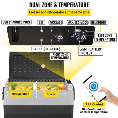VEVOR Car Refrigerator 48Qt, Dual Zone Car Fridge Freezer12/24V DC & 110-240V AC Electric Compressor Cooler for Truck Vehicle RV