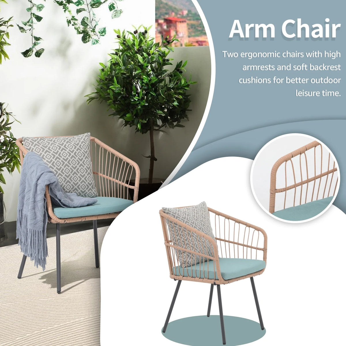 Patio Furniture Set, Betcozy3 Pieces Outdoor Chairs Set with Glass Coffee Table for Garden, Bistro, Porch, Balcony, Backyard