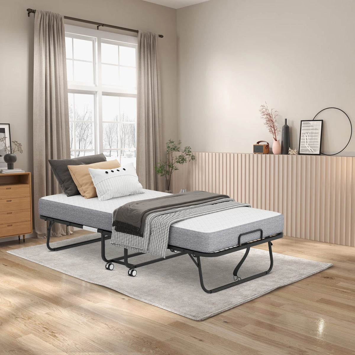 Full Size Folded Bed with Mattress, 75" x 54" Folding Bed, Twin Bed, Rollaway Bed Guest Bed for Adults with Sturdy Frame