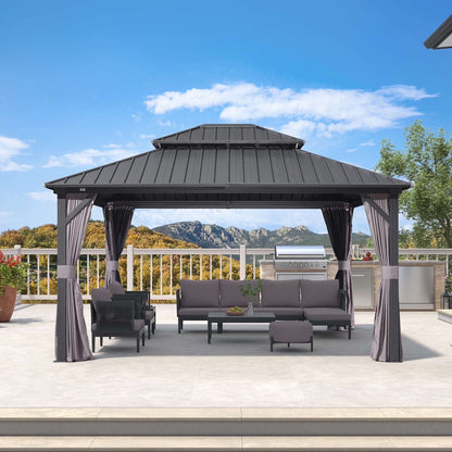 PURPLE LEAF 8' X 8' Gazebo Outdoor Gazebo Permanent Hardtop Gazebo with Galvanized Steel Double Roof for Patio Backyard Deck Aluminum Gazebo with Netting and Curtains Grey
