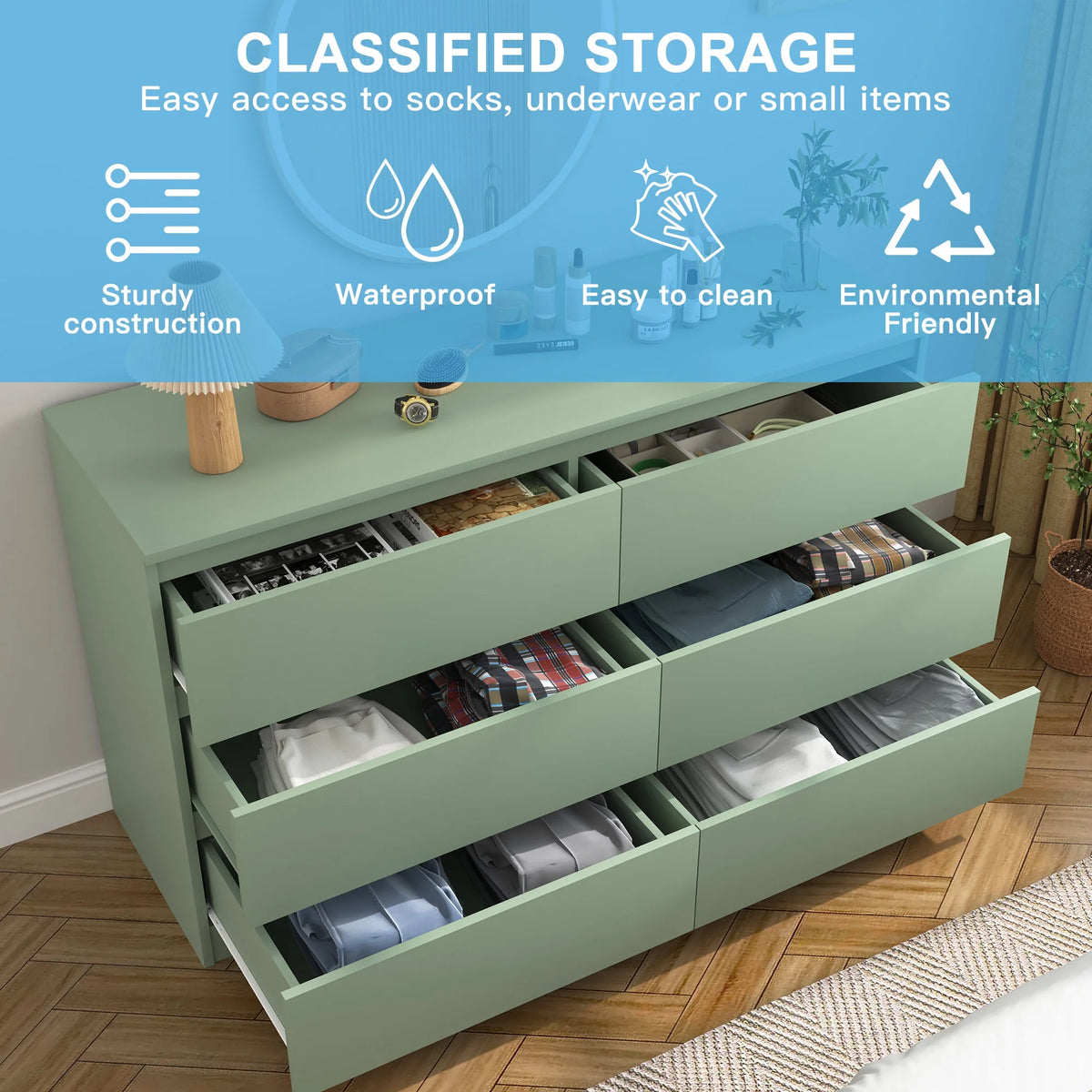 Resenkos Modern Mid Century 6 Drawer Wide Dressers Chests for Bedroom, Chest of Drawer Organizer Grey