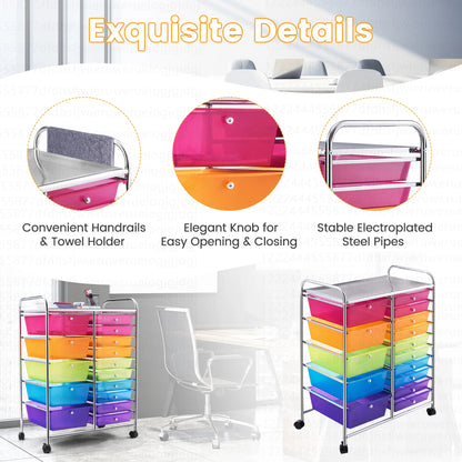 Costway 15 Drawer Rolling Storage Cart Tools Scrapbook Paper Office School Organizer White