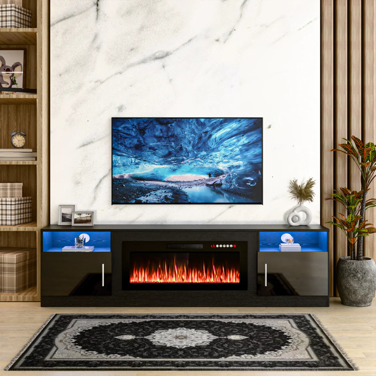 Waleaf Fireplace TV Stand with 36" Electric Fireplace Up to 80" TVs, Modern Wood Media TV Console with Highlight Cabinet, White