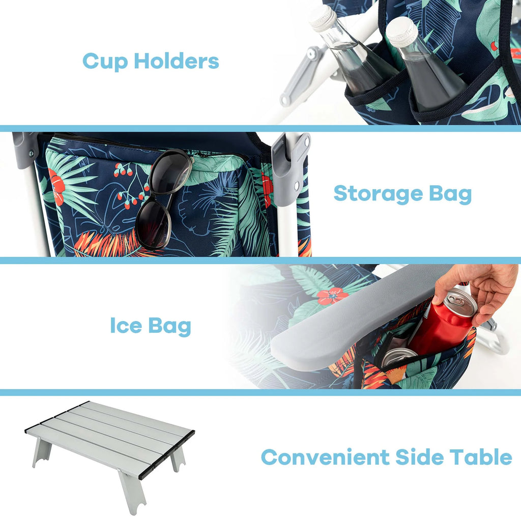 Costway 2-Pack Folding Backpack Beach Chair Table Set 5-Position Outdoor Reclining Chair Pink