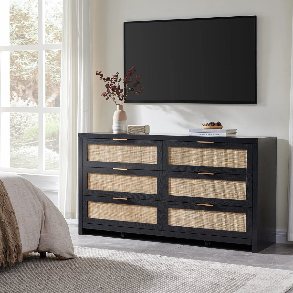 SICOTAS 56.85" 6 Drawer Dresser,Rattan Dresser with Storage,Boho Dressers & Chests of Drawers Wooden Tall  Dresser for Bedroom