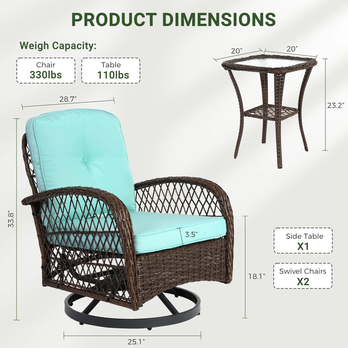 3 Piece Patio Swivel Rocker Chairs Set, 2 360-Degree Swivel Rocking Chairs with 1 Glass Top Table, PE Rattan Outdoor Bistro Set with Cushions for Balcony Deck Poolside Backyard Porch