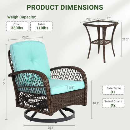 3 Piece Patio Swivel Rocker Chairs Set, 2 360-Degree Swivel Rocking Chairs with 1 Glass Top Table, PE Rattan Outdoor Bistro Set with Cushions for Balcony Deck Poolside Backyard Porch