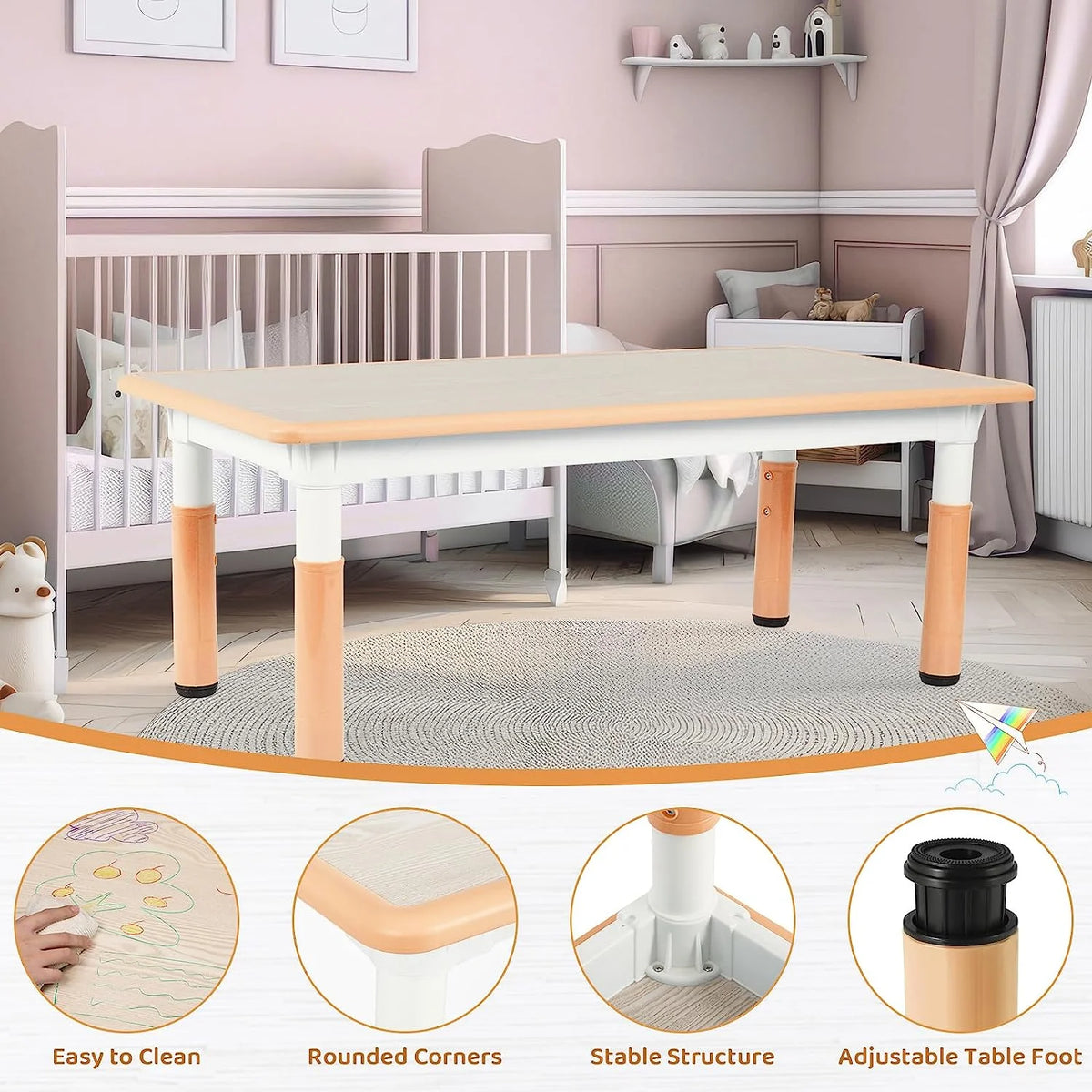 Arlopu Adjustable Kids Table and 6 Chairs Set, Toddler Play Activity Table Set with Graffiti Tabletop, Preschool Kids Furniture Table Set for Reading, Drawing, Eating