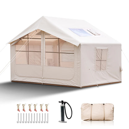 9.8' x 7' Inflatable Camping Tent,4 Season Blow up Tents for Camping, 4-6 Person Inflatable Tent with Stove Jack,Air Tents,Glamping Tent,Waterproof Luxury House with Mesh Window