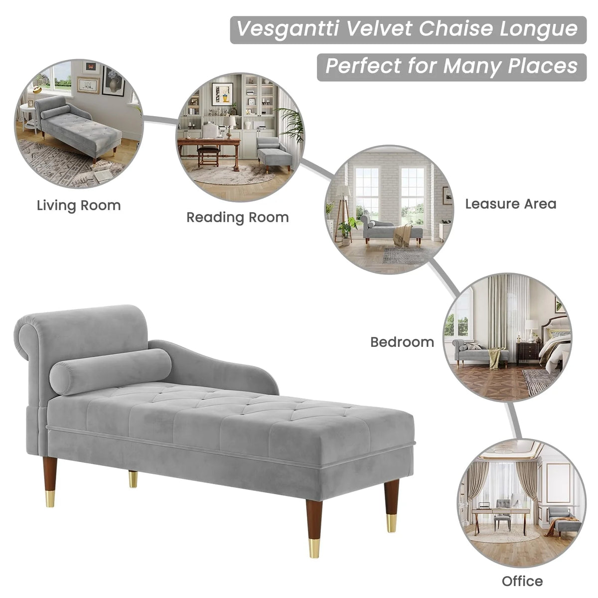 Vesgantti Velvet Chaise Lounge,59" Modern Upholstered Lounge Chair Indoor with Round Armrest Lumbar Pillow, Single Sofa for Living Room Bedroom Office,Grey