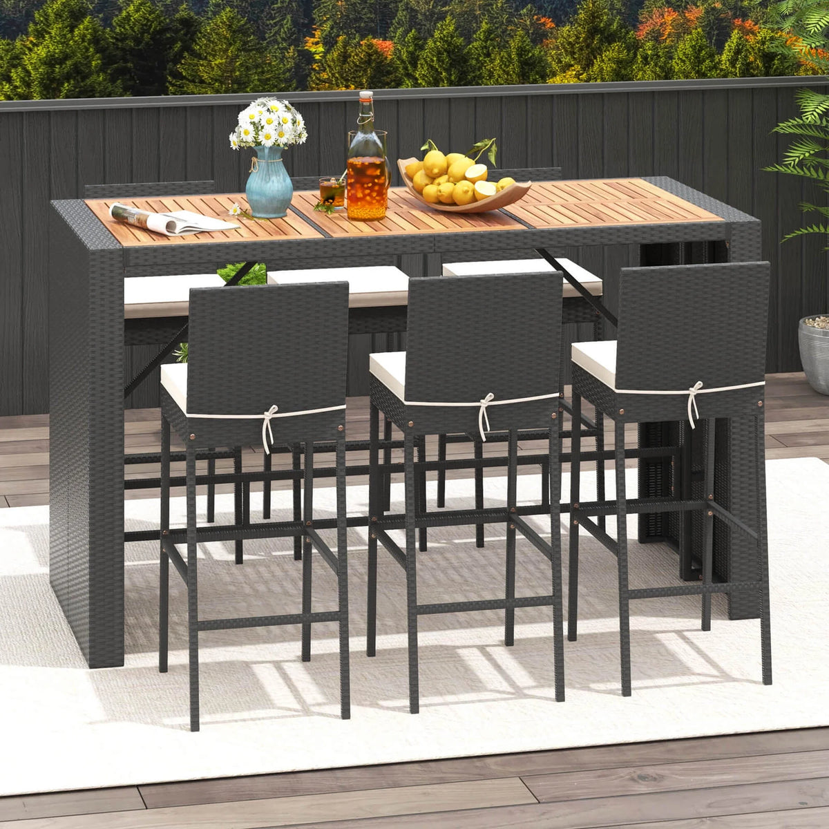 Costway 7 Pieces Patio Bar Set with Acacia Wood Tabletop & Removable Cushions Outdoor