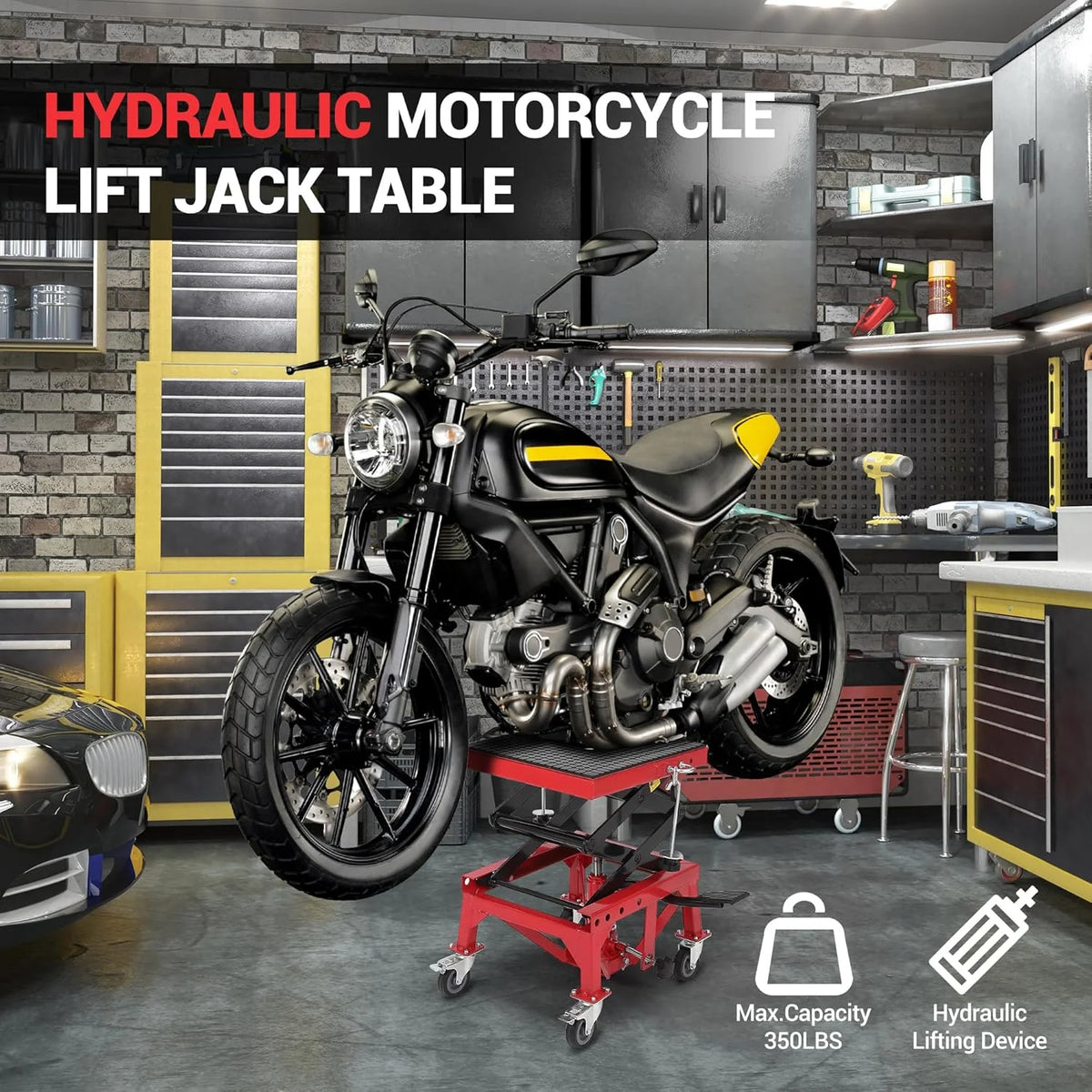 Kojooin Heavy Duty Hydraulic Motorcycle Lift Jack Table, Scissor Lift Stand Foot Operated ATV Dirt Bike Scissor Stand with 4 Wheels, Lifting Range 13.78-34.25 Inches