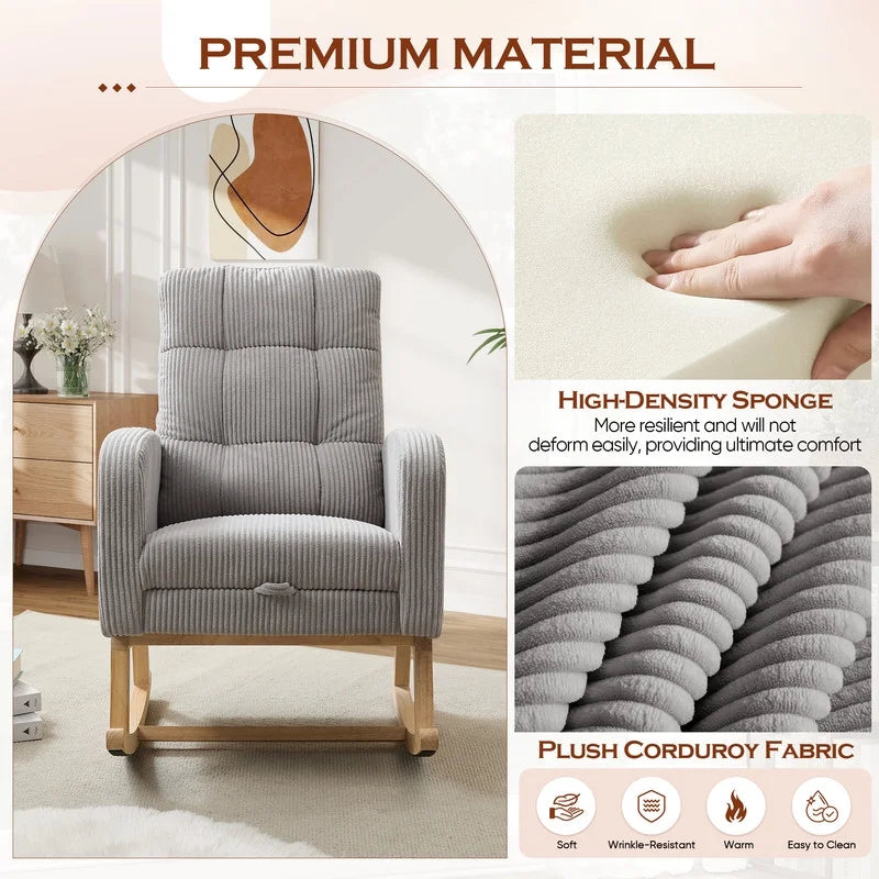 FFH Rocking Chair Nursery, Tufted Accent Rocker Chair, Upholstered Armchair with Adjustable Footrest, Side Pocket, High Backrest, Padded Seat, Polyester Blend (Retro, Dark Gray)