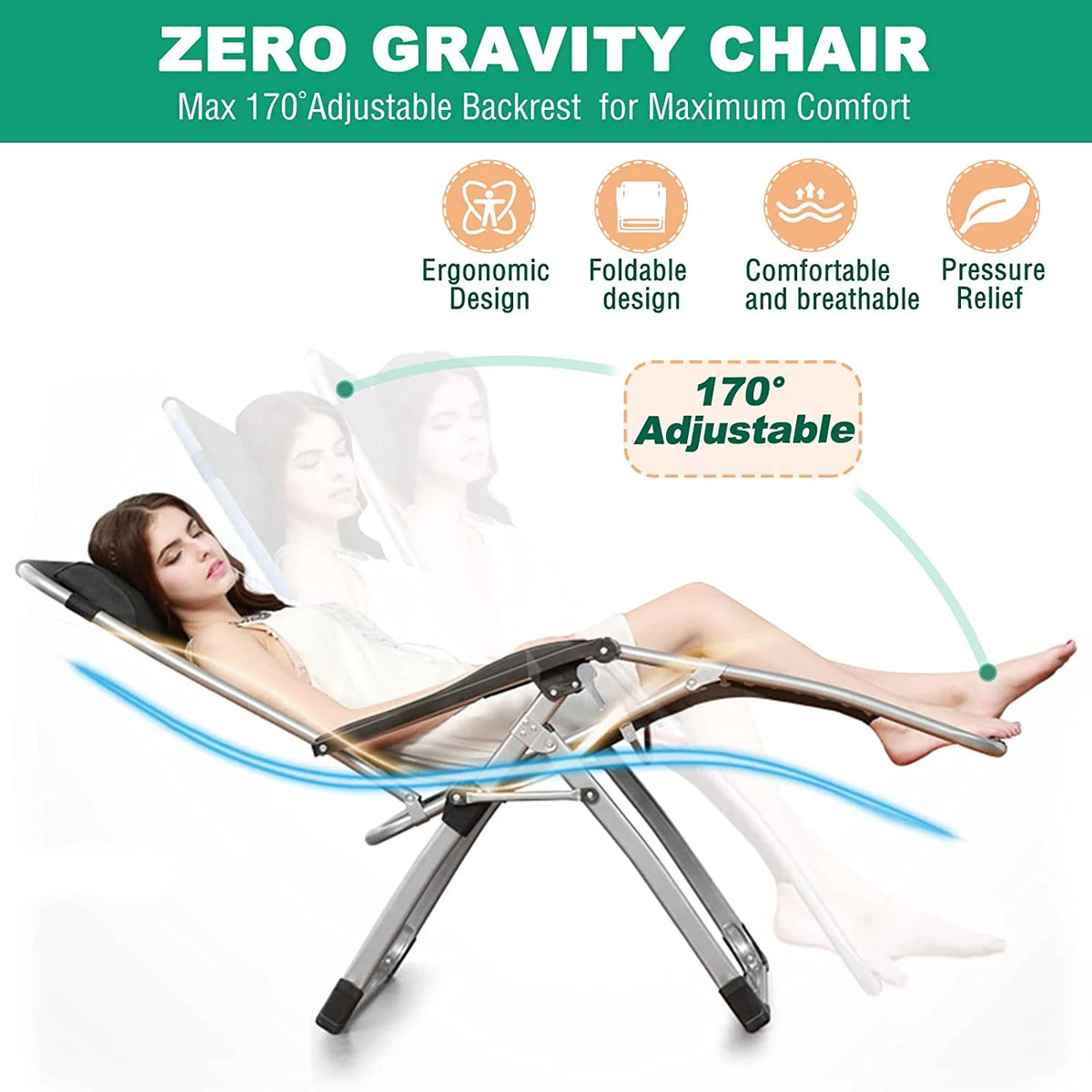 NAIZEA Zero Gravity Chair with Removable Cushion and Cup Holder Black