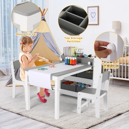 Pirecart Kids Art Table and 2 Chairs Toddler Craft Set Wooden Play Activity Drawing Table with 4 Storage Bins and Paper Roll