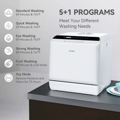 Hermitlux Portable Countertop Dishwasher, 5 Washing Programs, 5L Built-in Water Tank and Air-Dry Function, HMX-DW03