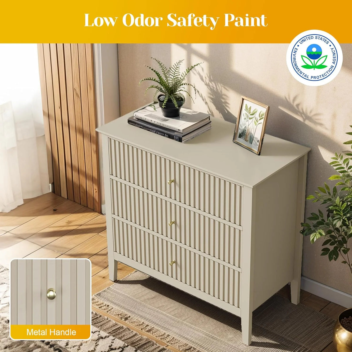 May Color Large White 3 Drawer Dresser Set of 2 with Fluted Panel, Modern Chest of Drawers with Silent Slide Drawers, Wood Accent Nightstand with Storage for Bedroom Living Room, Hallway