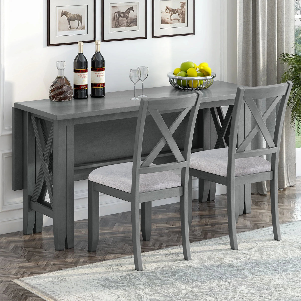 HANSHE Dining Table Set for 6, Farmhouse Dining Table Set with Foldable Table, Bench & 4 Chairs, Kitchen Table Sets with Chairs, Dining Room Set for Home Apartment Dorm, Gray