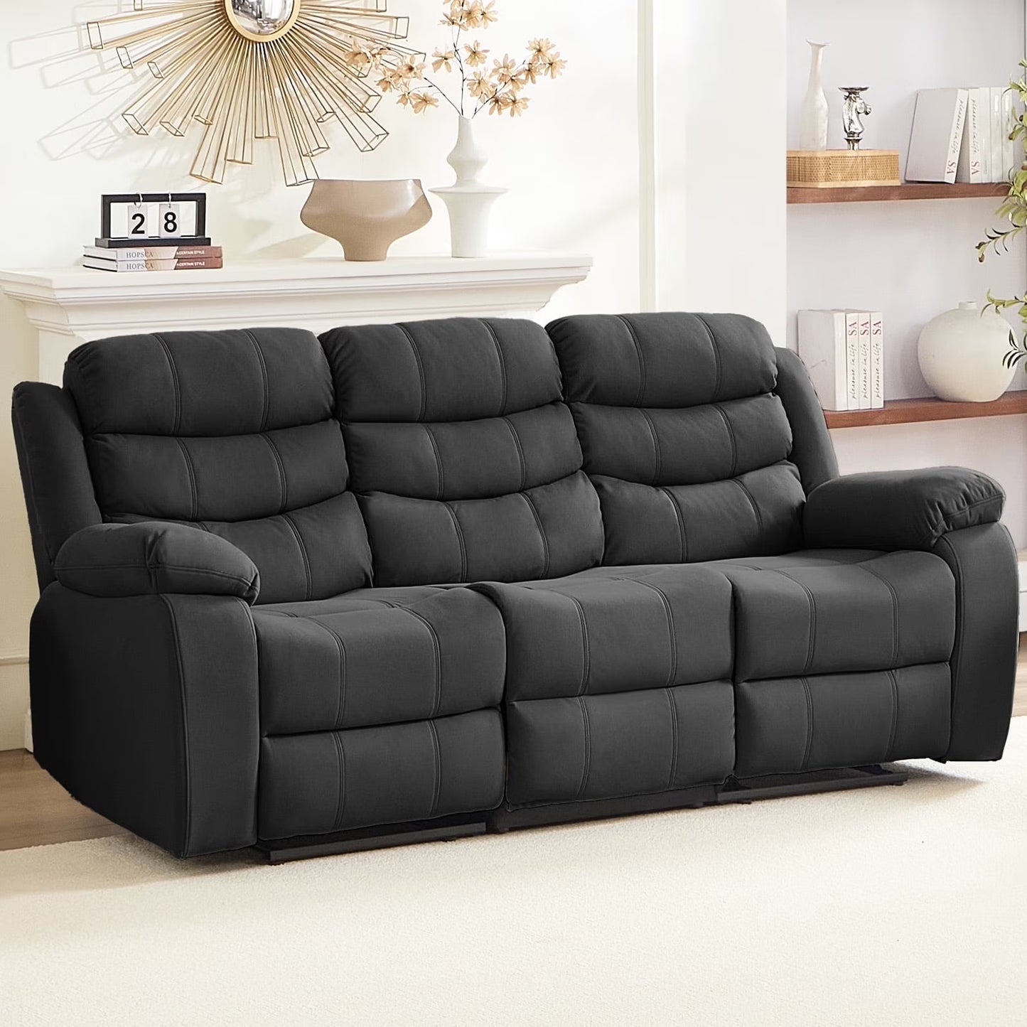 MUZZ Modern Reclining Sofa ,3-Seater Recliner Sofa with Cup Holders, Flip-Up Storage, Reversible Backrest and Footrest, Gray