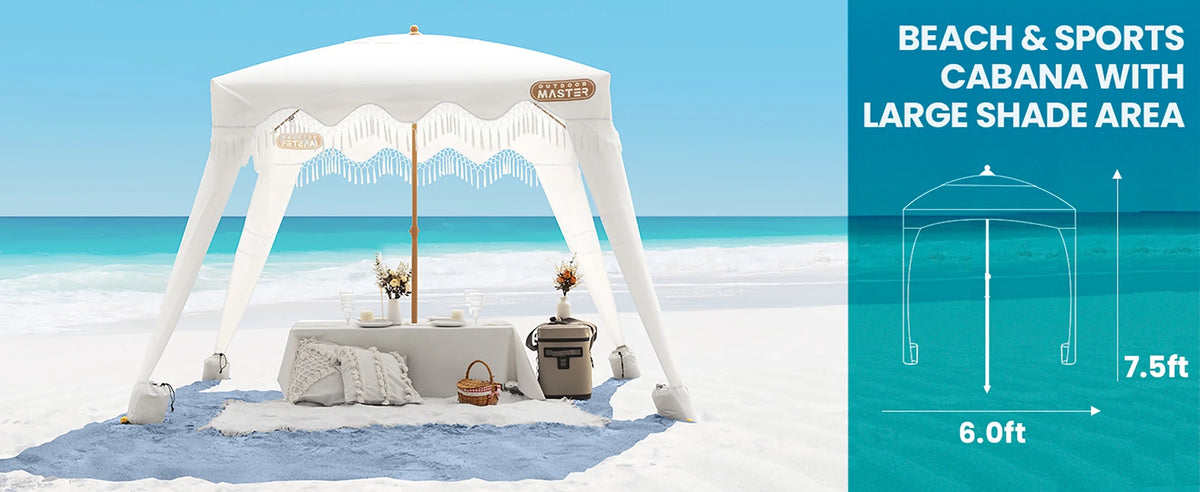 OutdoorMaster Beach Cabana with Fringe, Portable 6' x 6' Beach Canopy, Easy Set Up Beach Shelter, Included Side Wall, UPF 50+ UV Protection Sun Umbrella - for Kids, Family & Friends