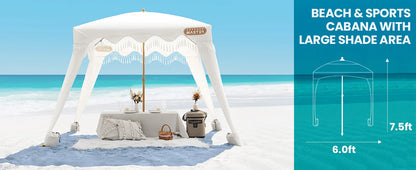 OutdoorMaster Beach Cabana with Fringe, Portable 6' x 6' Beach Canopy, Easy Set Up Beach Shelter, Included Side Wall, UPF 50+ UV Protection Sun Umbrella - for Kids, Family & Friends