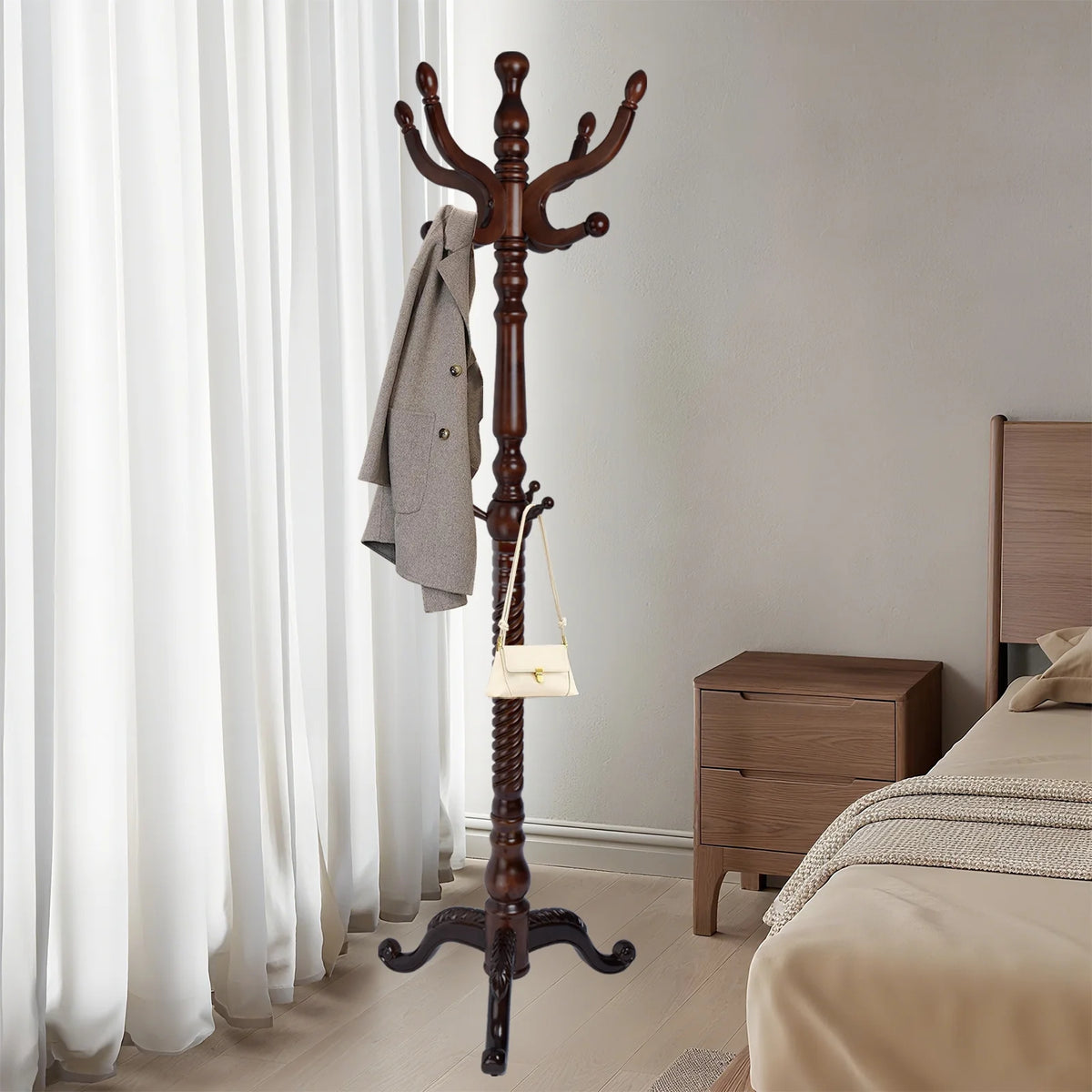 Coat Rack Freestanding, Hall Tree with 11 Hooks, Heavy Duty Wooden Coat Tree Stand, Adjustable Height, Sturdy Base for Bedroom Hallway Office - Load 270lbs