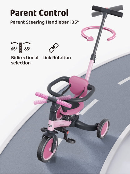 newyoo TR008 5-in-1 Toddler Tricycle with Push Handle, Converts to Balance Bike for 1-3 Year Old, Khaki