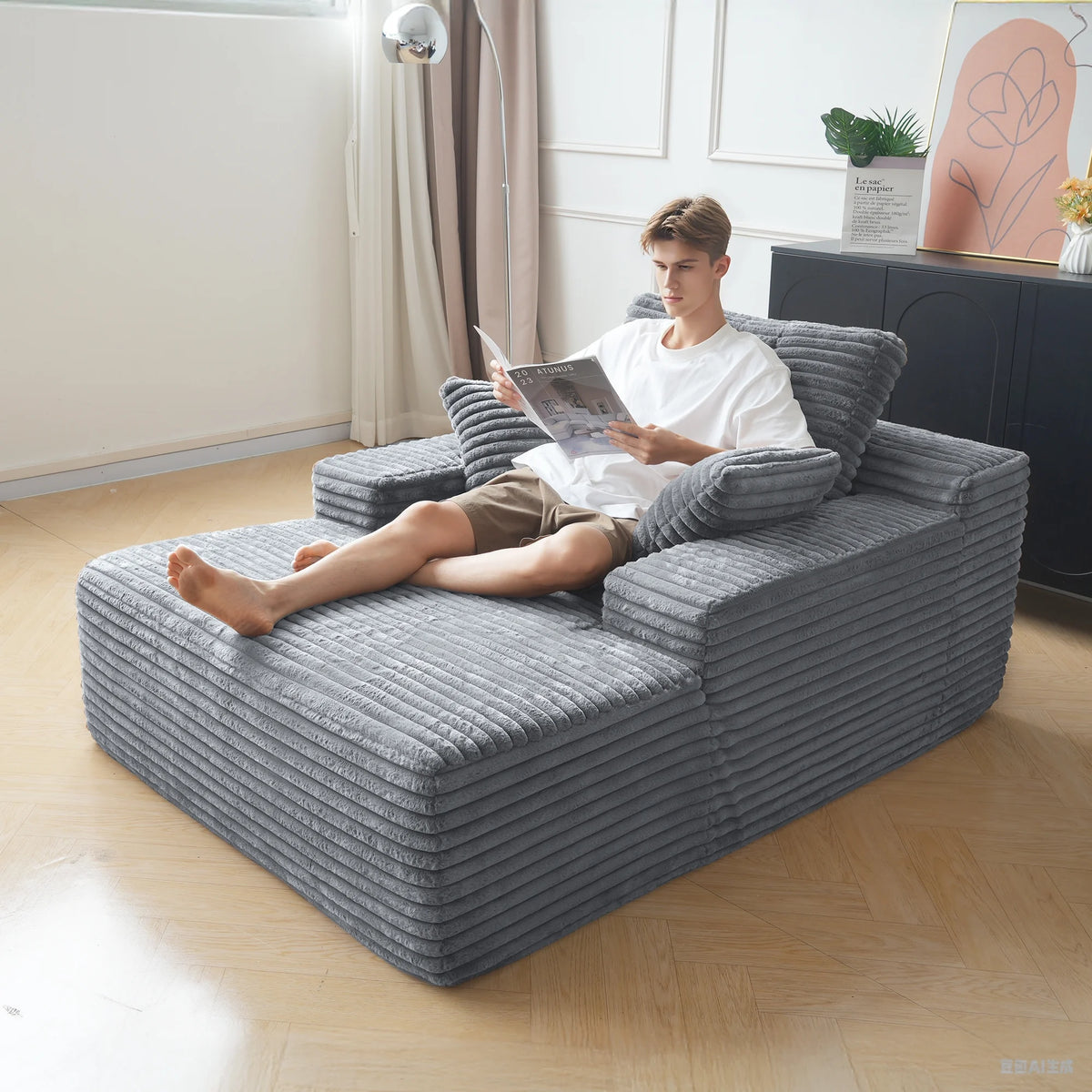 Sodrens Oversized Chaise Lounge Chair Indoor,Upholstered Sofa Bed with Throw Pillows and Armrests,Sleeper Chair for Living Room,Bedroom,Brown,Corduroy