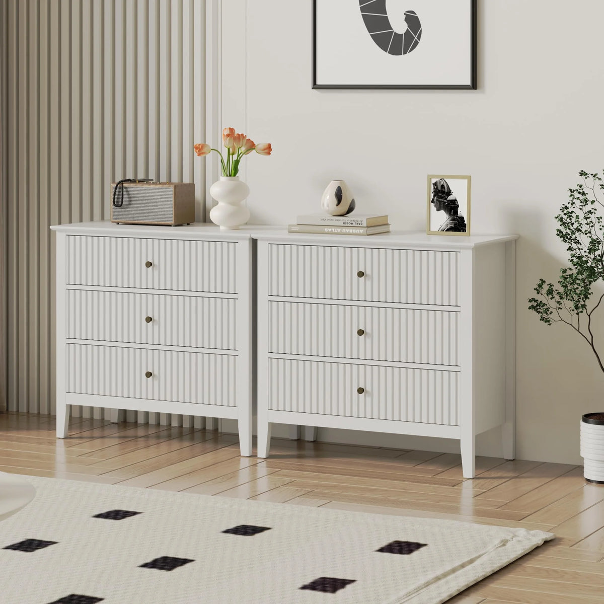 May Color Large White 3 Drawer Dresser Set of 2 with Fluted Panel, Modern Chest of Drawers with Silent Slide Drawers, Wood Accent Nightstand with Storage for Bedroom Living Room, Hallway