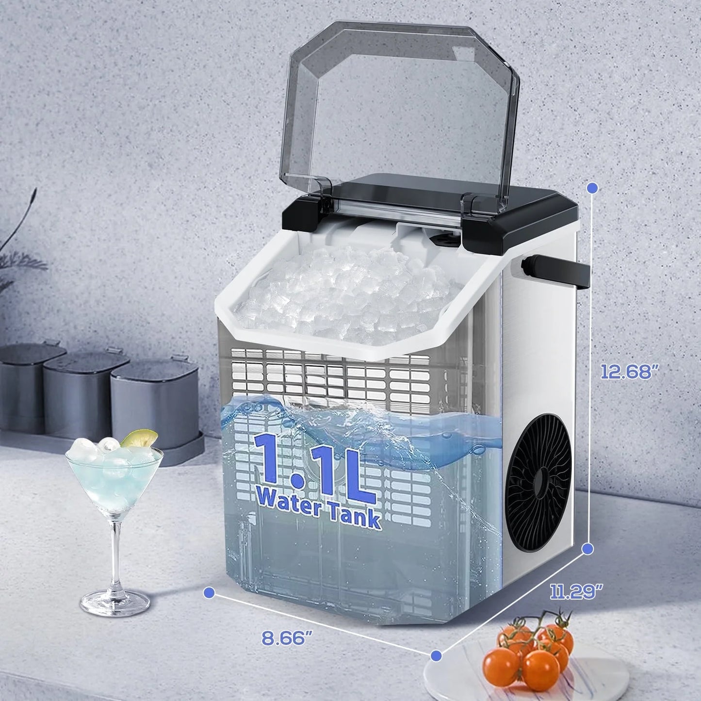 Auseo SS Nugget Countertop Ice Maker with Soft Chewable Ice, 35Lbs/24H, Self-Cleaning, Ice Scoop, Stainless Steel Silver, for Kitchen/Office/Party